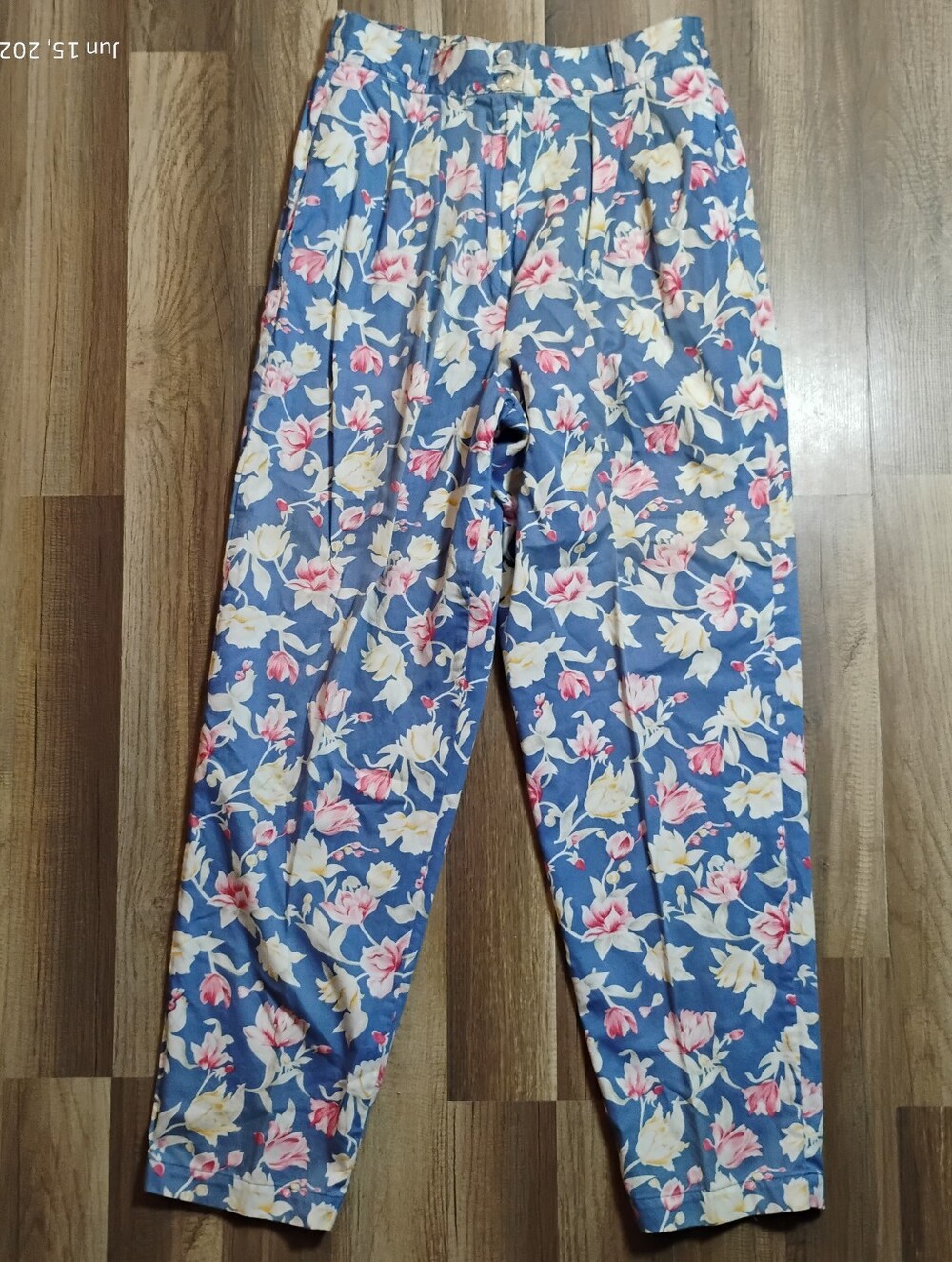 Talbots Blue Floral Elastic-Waist Pants with Pink and Cream Blooms